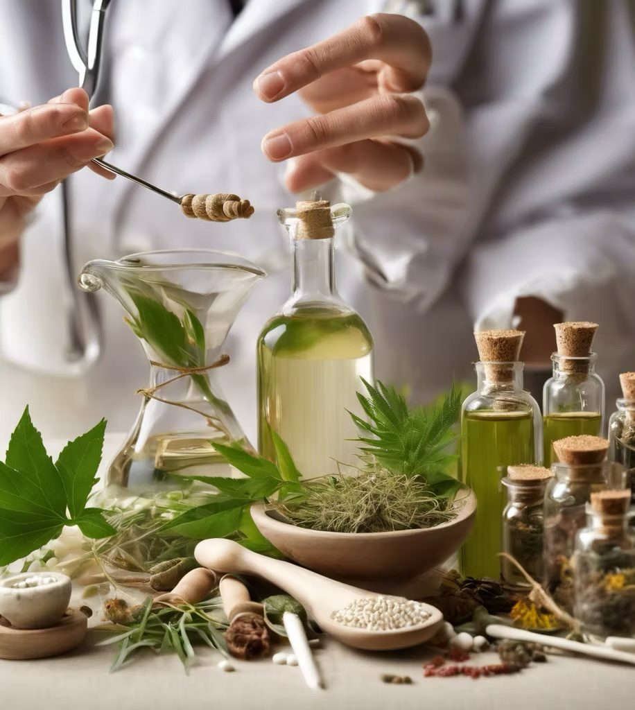 Practitioner preparing herbal remedies and tinctures on a clinic workbench